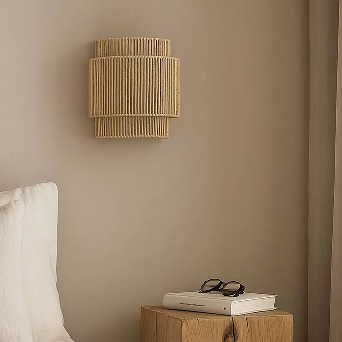 Lindby Wandleuchte Anuva - L x B x H: 13 x 22 x 25 cm, creme / amber, E27 - Gestufte Wandleuchte aus natürlichem Seilgeflecht, im Schlafzimmer über einem Holznachttisch montiert.