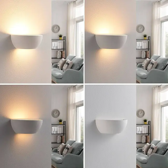 Lindby Wandleuchte Jimmy - L x B x H: 12 x 24,5 x 9,5 cm, weiß / opal, E14 - Weiße, schalenförmige Wandleuchte, die warmes, neutrales Licht und den Aus-Zustand zeigt. Bietet indirekte Auf-/Abwärtsbeleuchtung in einem Wohnraum.