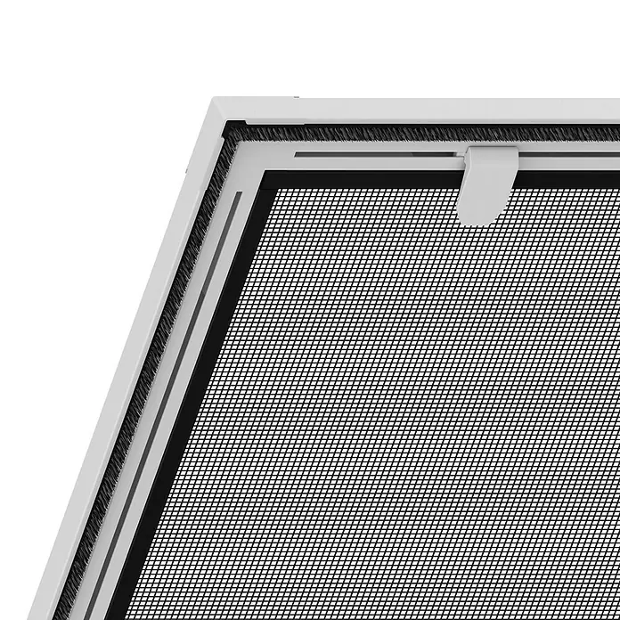 Easy Life easyLINE Sonnen-& Insektenschutz-Gitter - B x H: 140 x 170 cm, Montage Insektengitter: Schrauben - Detailaufnahme eines Insektenschutzgitters mit weißem Rahmen, Bürstendichtung und einem Griff.