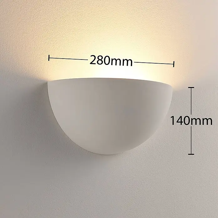Lindby Wandleuchte Narin - L x B x H: 14 x 28 x 14 cm, weiß / opal, E14 - Weiße halbschalenförmige Wandleuchte, 280mm breit, 140mm hoch, strahlt Licht nach oben ab.