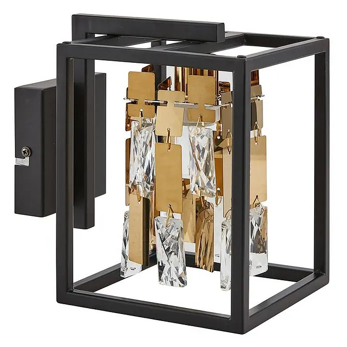 Lucande Wandleuchte Arcan - L x B x H: 20,4 x 15 x 20,4 cm, schwarz, E14 - Schwarze Metall-Wandleuchte mit kubischem Rahmen, innen goldfarbene Metallelemente und klare Kristallakzente.