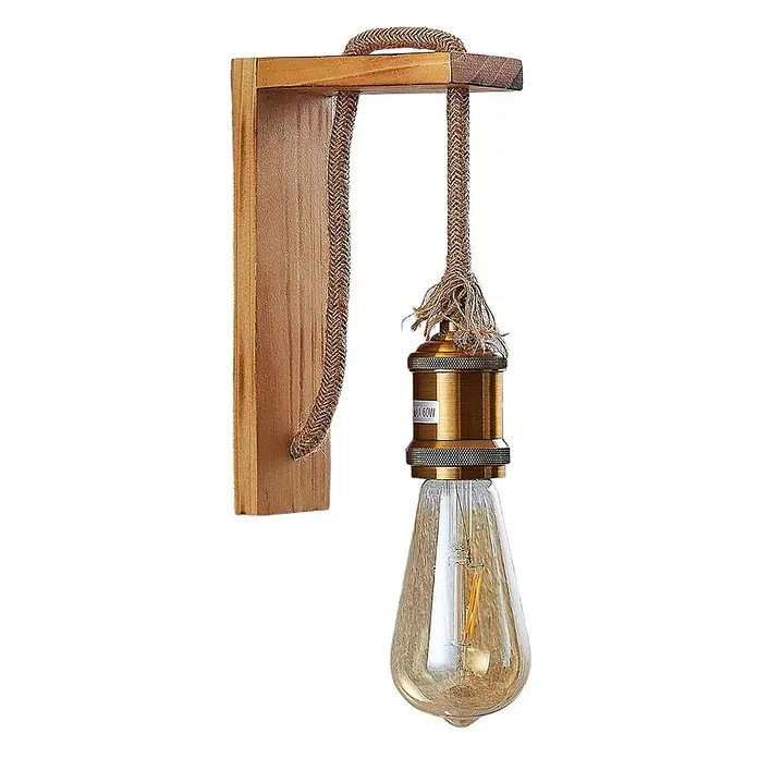 Lindby Wandleuchte Helou - Holz hell, E27 - Rustikale Wandleuchte mit hellem Holzsockel, geflochtenem Seilkabel und Vintage Edison-Glühbirne in Messingfassung.