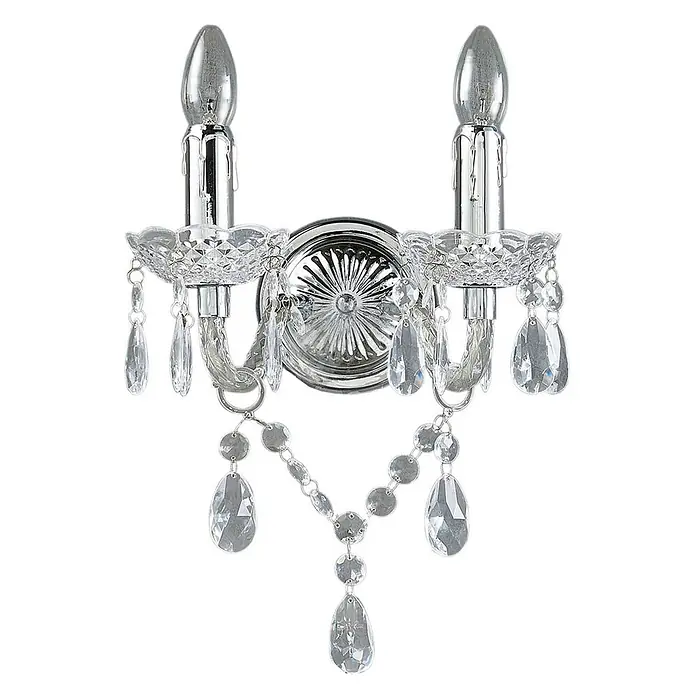 Lindby Wandleuchte Merida - L x B x H: 18,5 x 33 x 35 cm, chrom / silber, klar / transparent, E14 - Verchromte zweiflammige Wandleuchte mit klaren Kristallanhängern und Kerzenlampen.