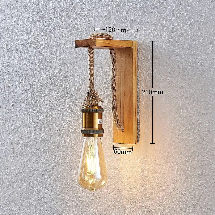 Lindby Wandleuchte Helou - Holz hell, E27 - Rustikale Wandleuchte aus Holz mit Seilkabel, Messingfassung und beleuchteter Edison-Glühbirne, 120x210x60mm.