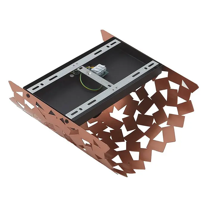 Lucande Wandleuchte Aeloria - kupfer, E27 - Rückansicht einer kupferfarbenen Deckenleuchte aus Metall mit Ausschnittmuster, zeigt schwarze Montageplatte und Anschlussklemme.