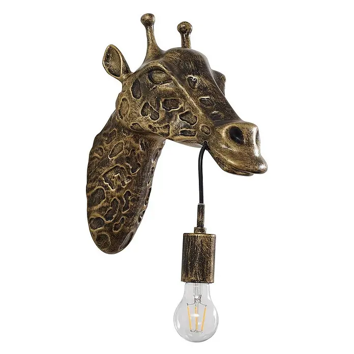 Lindby Wandleuchte Nirvathia - bronze / altmessing, E27 - Wandlampe in Form eines Giraffenkopfes in gold-schwarzer Used-Optik mit einer freihängenden LED-Glühbirne.
