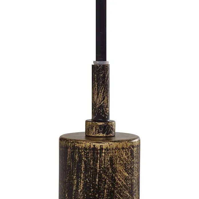 Lindby Wandleuchte Nirvathia - bronze / altmessing, E27 - Nahaufnahme einer Pendelleuchte mit distressed schwarz-goldener Metalloberfläche und schwarzer Stange.