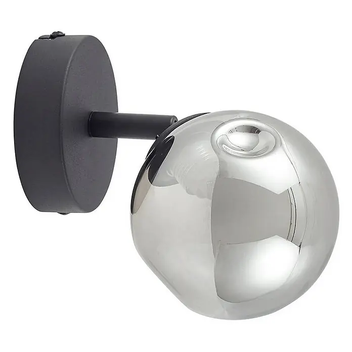 Lindby Wandleuchte Valentina - schwarz, alu / grau / zink, G9 - Schwarze Wandleuchte mit rundem Sockel, schwarzem Arm und reflektierendem kugelförmigem Chromschirm.