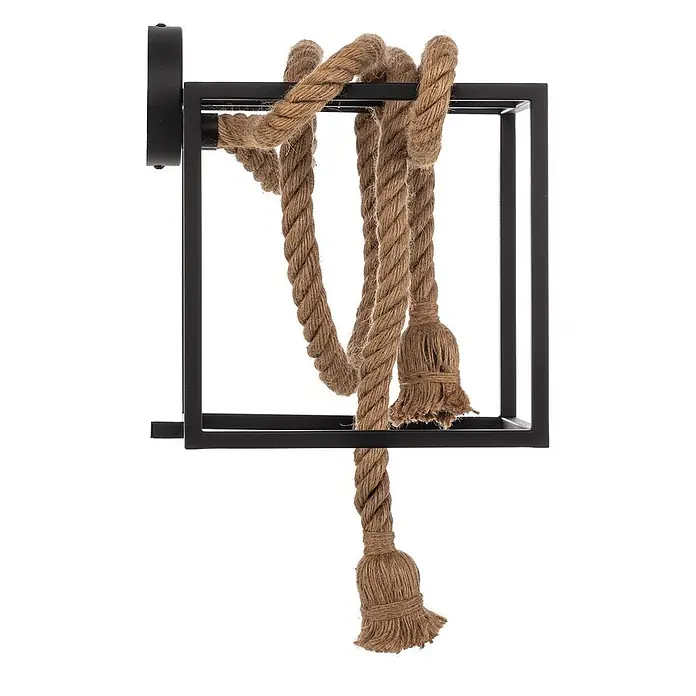 Lucande Wandleuchte Vlados - L x B x H: 27,5 x 25 x 29 cm, schwarz, schwarz, E27 - Wandleuchte mit schwarzem quadratischem Metallrahmen und herabhängenden Naturjuteseilen, die in Quasten enden.