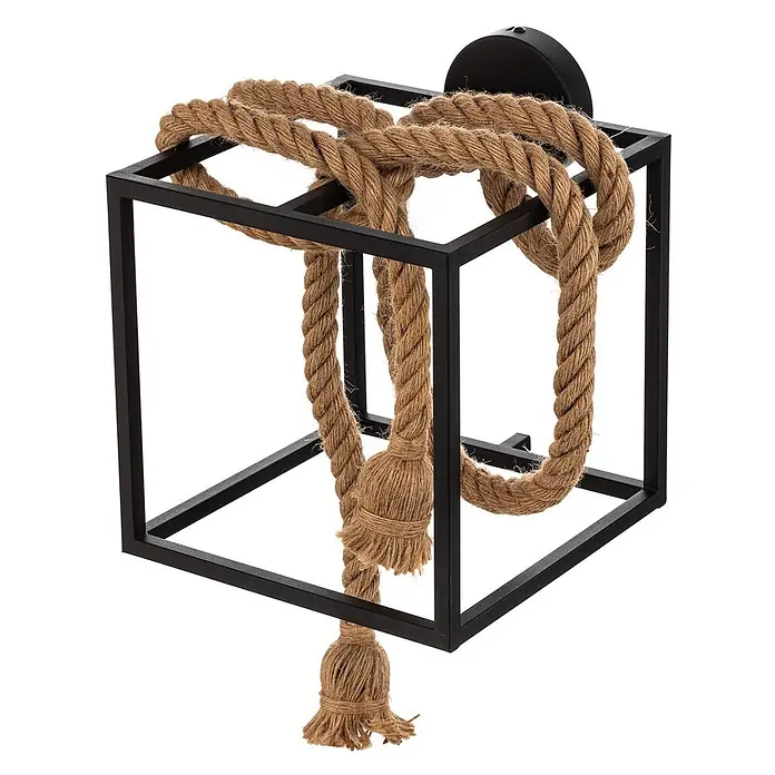 Lucande Wandleuchte Vlados - L x B x H: 27,5 x 25 x 29 cm, schwarz, schwarz, E27 - Quadratische schwarze Metall-Wandleuchte mit geflochtenem Naturseil und Quasten.