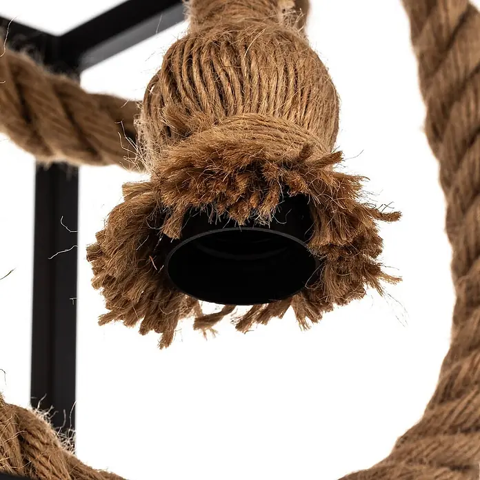 Lucande Wandleuchte Vlados - L x B x H: 27,5 x 25 x 29 cm, schwarz, schwarz, E27 - Nahaufnahme einer schwarzen Glühbirnenfassung, umhüllt von dickem, geflochtenem braunem Seil mit ausgefransten Rändern, Teil einer rustikalen Leuchte.