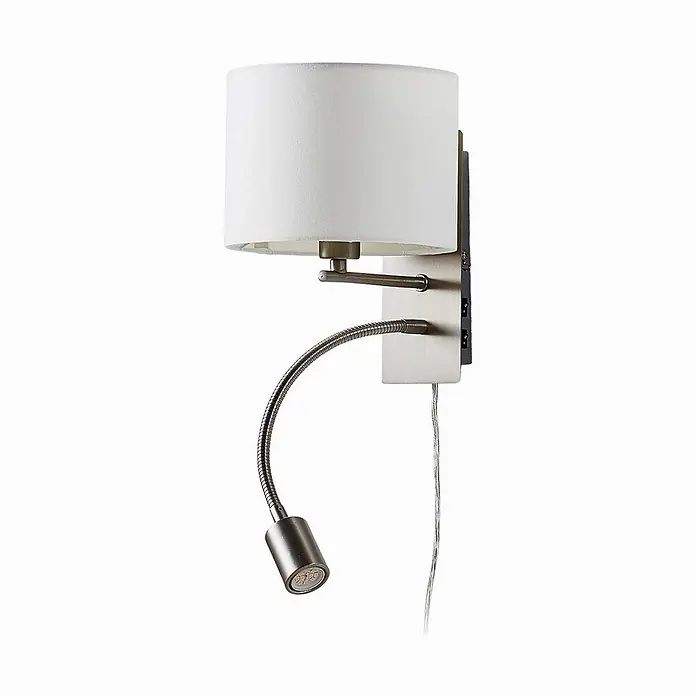 Lindby Wandleuchte Florens - L x B x H: 24 x 18 x 23,5 cm, alu / grau / zink, E14 - Wandleuchte mit weißem Stoffschirm und flexiblem LED-Leselicht aus gebürstetem Metall, mit sichtbarem Stromkabel.
