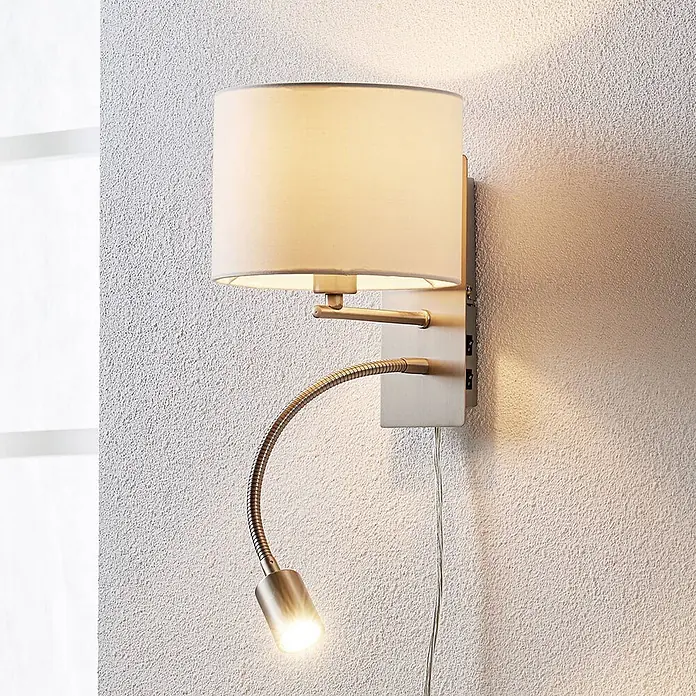 Lindby Wandleuchte Florens - L x B x H: 24 x 18 x 23,5 cm, alu / grau / zink, E14 - Wandlampe aus gebürstetem Metall mit cremefarbenem Stoffschirm und flexibler LED-Leselampe.