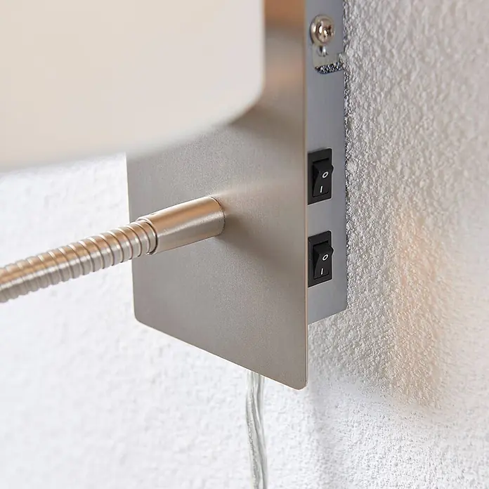 Lindby Wandleuchte Florens - L x B x H: 24 x 18 x 23,5 cm, alu / grau / zink, E14 - Wandmontierte Lampenbasis aus gebürstetem Metall mit flexiblem Schwanenhalsarm und zwei schwarzen Wippschaltern.