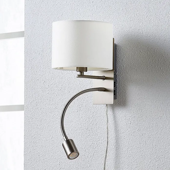 Lindby Wandleuchte Florens - L x B x H: 24 x 18 x 23,5 cm, alu / grau / zink, E14 - Wandlampe mit weißem Stoffschirm, flexiblem LED-Leselicht und gebürsteter Metallbasis mit Ladeanschlüssen.