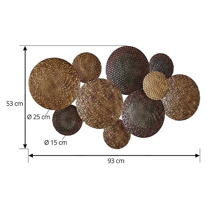 Lindby Wandleuchte Soraya - messing / gold, E27 - Texturierte Metall-Wanddekoration aus mehreren überlappenden Scheiben in Braun- und Goldtönen, 93 cm breit und 53 cm hoch.