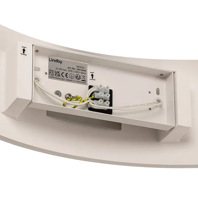 Lindby Wandleuchte Naike - L x B x H: 8 x 35 x 15 cm, weiß / opal, weiß / opal, G9 - Rückseite einer weißen Lindby Leuchte mit interner Verkabelung, Anschlussklemmen und einem Produktetikett (z.B. 2x G9 max. 40W, IP20).
