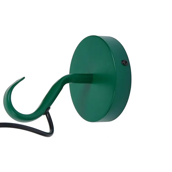 Lindby Wandleuchte Raisa - grün, E14 - Grüne Metall-Deckenrosette mit gebogenem Haken, der ein schwarzes Kabel sichert.