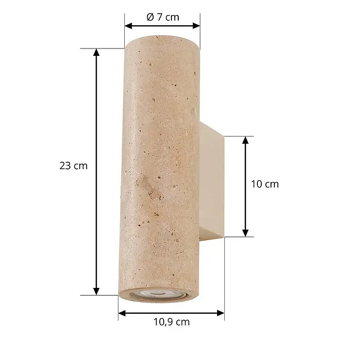 Lucande Wandleuchte Tavira - L x B x H: 11 x 7 x 23 cm, creme / amber, GU10 - Zylindrische beige Travertin-Wandleuchte, 23 cm hoch und 7 cm Durchmesser.