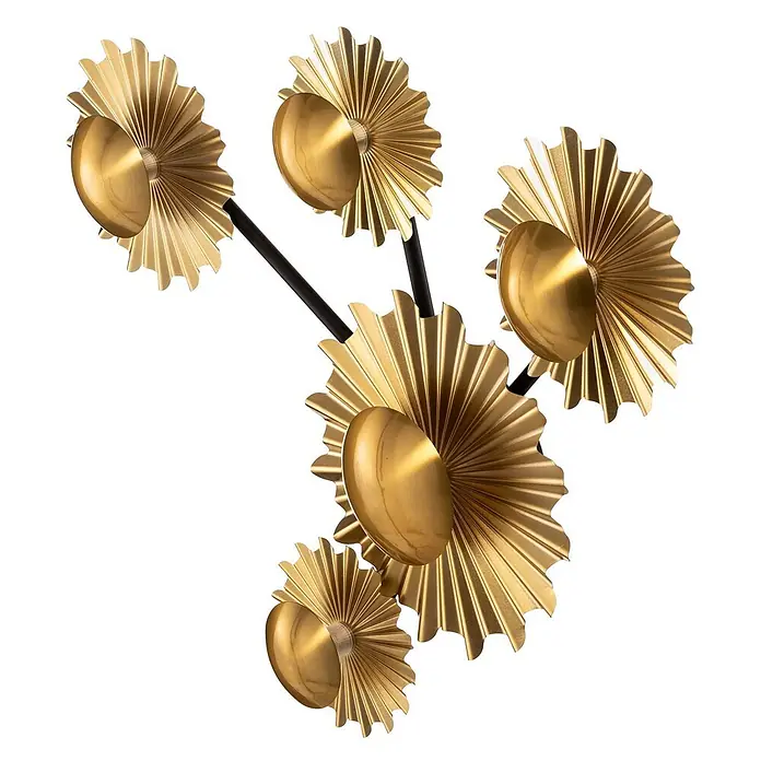 Lindby Wandleuchte Senmia - messing / gold, G9 - Dekorative goldene Wandskulptur mit mehreren gefalteten, fächerartigen Elementen und zentralen Kuppeln an schwarzen Stäben.