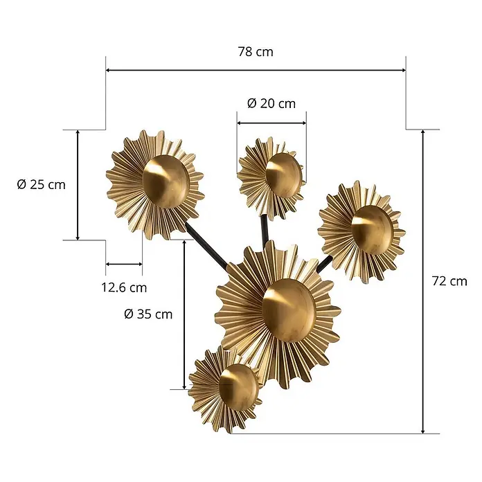 Lindby Wandleuchte Senmia - messing / gold, G9 - Goldene florale Wanddekoration mit schwarzen Stielen und sonnenförmigen Elementen.