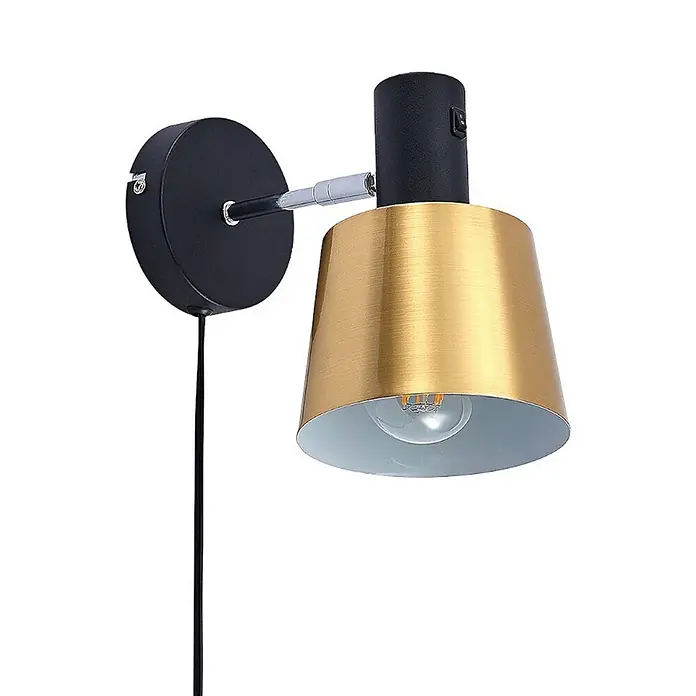 Lindby Wandleuchte Vlada - L x B x H: 21,9 x 13 x 19 cm, schwarz, messing / gold, E27 - Schwarz-goldene Wandleuchte mit verstellbarem Arm, konischem Schirm, sichtbarer LED-Birne, Schalter und Netzkabel.