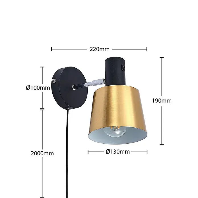 Lindby Wandleuchte Vlada - L x B x H: 21,9 x 13 x 19 cm, schwarz, messing / gold, E27 - Verstellbare Wandleuchte mit schwarzer Halterung und goldenem, konischem Metallschirm.
