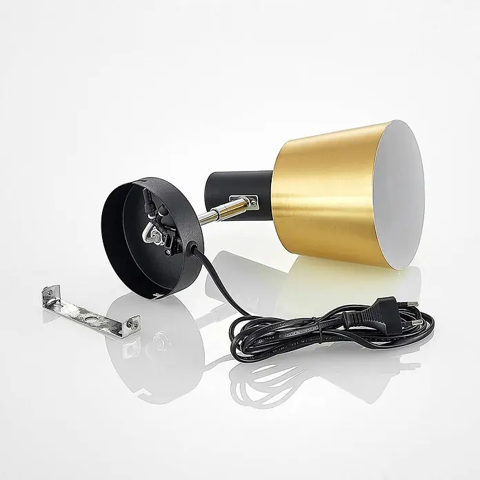 Lindby Wandleuchte Vlada - L x B x H: 21,9 x 13 x 19 cm, schwarz, messing / gold, E27 - Gold-schwarze Wandleuchte mit Netzkabel und Montagehalterung.
