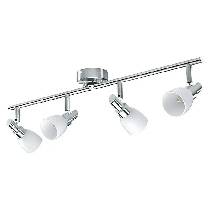 Osram Regleta LED 827 - 8 W, L x An x Al: 67,5 x 8 x 17 cm, Blanco/Plateado, Blanco cálido - Una lámpara de techo plateada con cuatro focos blancos, que ofrece una solución de iluminación moderna y elegante.