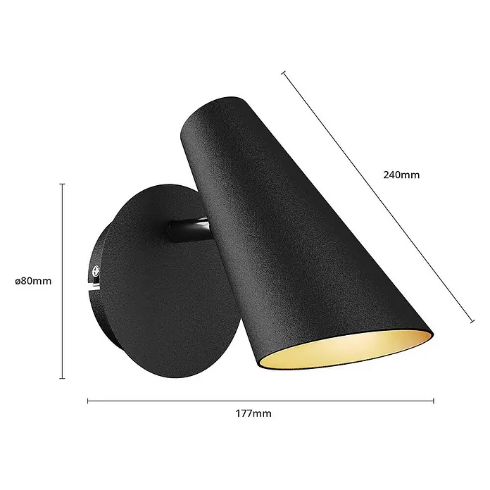 Lucande Wandleuchte Wibke - L x B x H: 17 x 9 x 24 cm, schwarz, schwarz, GU10 - Schwarze konische Wandlampe mit goldener Innenseite und rundem Sockel, Maße angegeben.