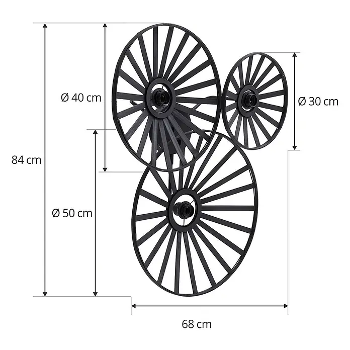 Lindby Wandleuchte Evandor - schwarz, E27 - Schwarze Wanddekoration aus Metall mit drei verbundenen Rad-Elementen.
