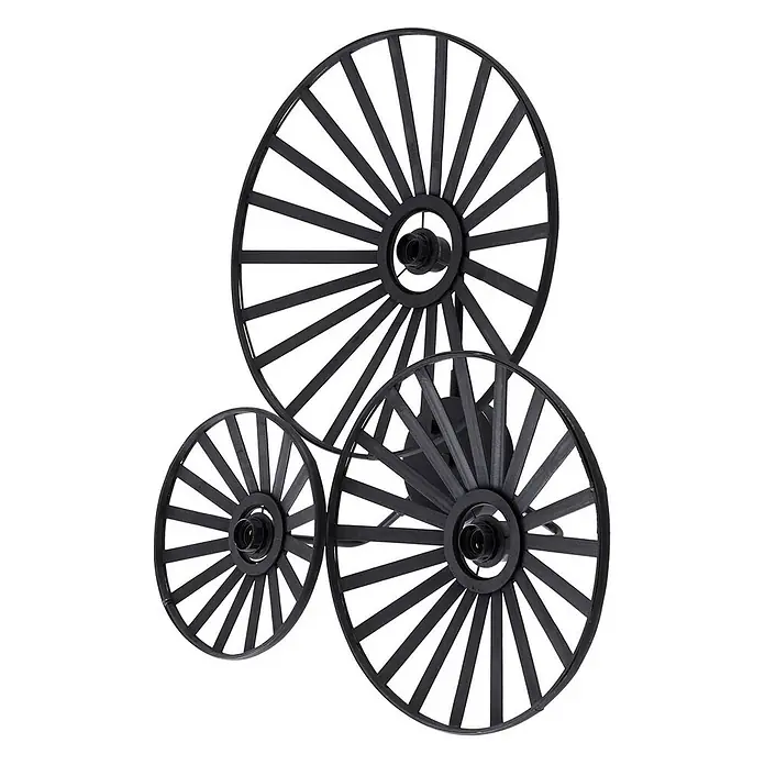 Lindby Wandleuchte Evandor - schwarz, E27 - Schwarze Metall-Wandleuchte mit drei unterschiedlich großen, speichenradähnlichen Elementen und zentralen Lampenfassungen.