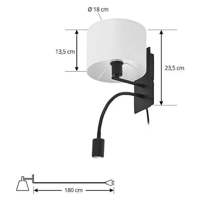 Lindby Wandleuchte Florens - weiß / opal, E14 - Schwarz-weiße Wandleuchte mit Stoffschirm und flexiblem Lesespot, mit Netzkabel zum Einstecken.