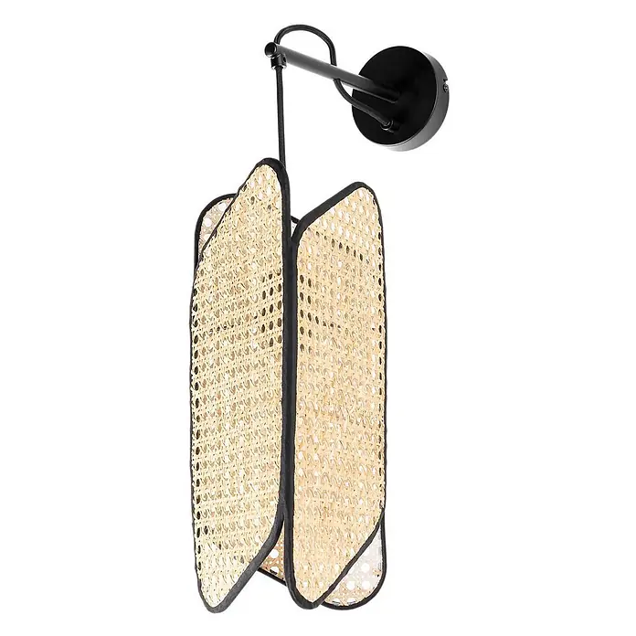 Lucande Wandleuchte Bassiola - L x B x H: 27 x 19 x 53 cm, schwarz, Holz hell, E27 - Schwarze Wandleuchte aus Metall mit natürlichem Rattan-Geflecht-Schirm und schwarzer Stoffumrandung.