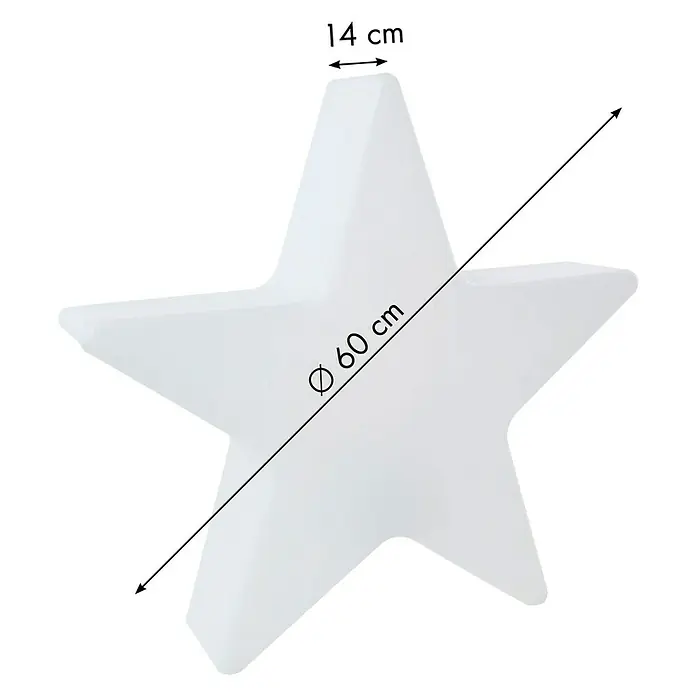 8 Seasons Design Shining LED-Stern Star - Außen, 14 cm, RGBW - Abbildung eines weißen Sterns mit Maßangaben: 60 cm Durchmesser und 14 cm Breite. Perfekt für dekorative Beleuchtung im Raum.