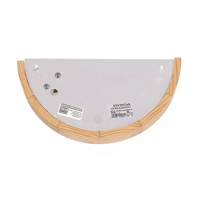 Envostar Wandleuchte Kris - L x B x H: 8 x 27,5 x 14 cm, Holz hell, E27 - Halbkreisförmige Wandleuchte mit hellem Holzrahmen und weißer Metallrückseite, zeigt Befestigungslöcher.