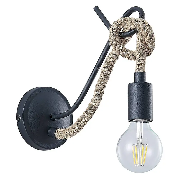 Lucande Wandleuchte Ropina - schwarz, E27 - Schwarze Wandleuchte aus Metall mit natürlichem Seil und sichtbarer LED-Birne.