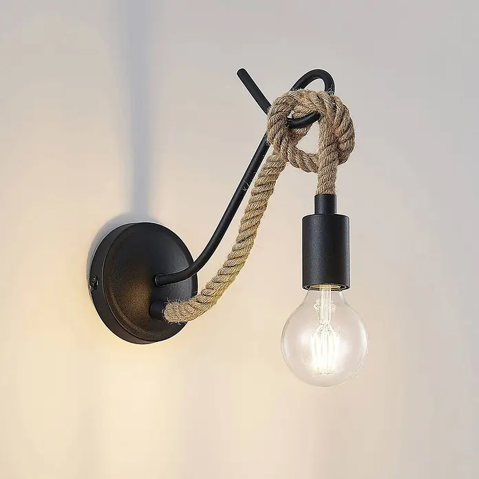 Lucande Wandleuchte Ropina - schwarz, E27 - Industrielle Wandleuchte mit schwarzer Metallhalterung und Seilwicklung, mit klarer Edison-Glühbirne.