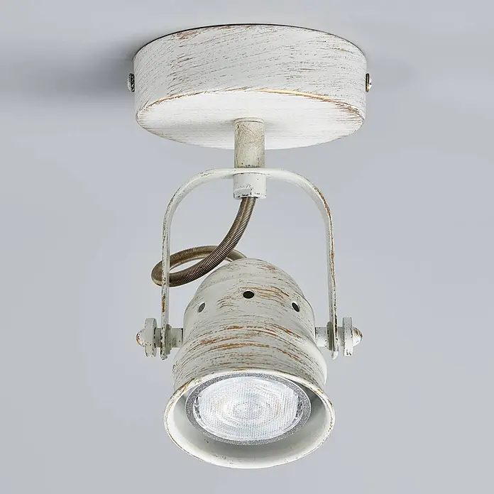 Lindby Wandleuchte Leonor - weiß / opal, weiß / opal, GU10 - Weißer Deckenstrahler aus Metall im Used-Look mit verstellbarem Kopf und sichtbarer leuchtender Glühbirne.