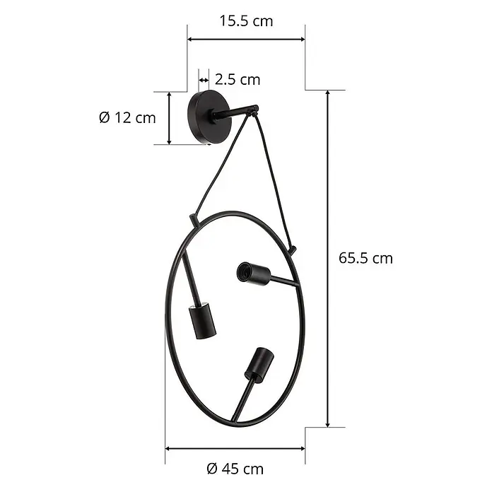 Lucande Wandleuchte Linnard - L x B x H: 45 x 45 x 65,5 cm, schwarz, E27 - Schwarze Wandleuchte aus Metall mit rundem Rahmen, drei Fassungen und detaillierten Maßen.
