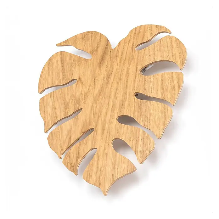 Envostar Wandleuchte Folah - L x B x H: 5 x 35 x 40 cm, Holz hell, Holz hell, G9 - Hölzerner Untersetzer in Monstera-Blattform mit natürlicher Maserung.