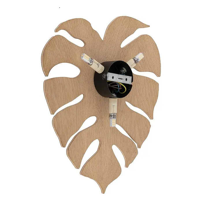 Envostar Wandleuchte Folah - L x B x H: 5 x 35 x 40 cm, Holz hell, Holz hell, G9 - Wandleuchte aus Holz in Monstera-Blattform mit schwarzer Halterung und drei sichtbaren G9 LED-Leuchtmitteln.