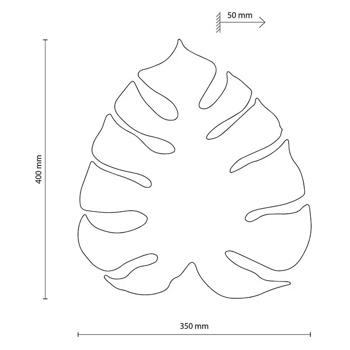 Envostar Wandleuchte Folah - L x B x H: 5 x 35 x 40 cm, Holz hell, Holz hell, G9 - Linienzeichnung eines Monstera-Blattes mit Maßen: 400 mm Höhe, 350 mm Breite und 50 mm Maßstabsreferenz.