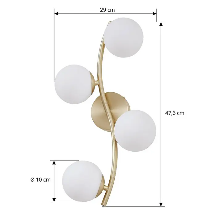 Lindby Wandleuchte Josiana - L x B x H: 12 x 30 x 47,5 cm, messing / gold, weiß / opal, G9 - Goldfarbene Wandleuchte mit geschwungenem Arm und vier weißen Kugelglasdiffusoren.