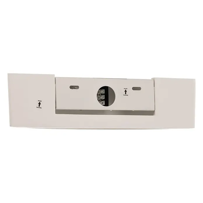 Lindby Wandleuchte Konstantin - weiß / opal, E14 - Weißes Elektrogehäuse, Rückansicht, mit internen Anschlussklemmen und 'Up/Down'-Beschriftungen für die Installation.