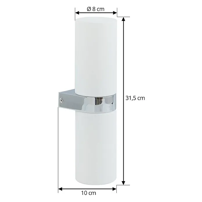Lucande Wandleuchte Basolo - L x B x H: 10 x 8 x 31,5 cm, chrom / silber, E14 - Wandleuchte mit zwei mattweißen Zylinderschirmen und verchromter Halterung. Höhe 31,5 cm, Durchmesser 8 cm, Tiefe 10 cm.
