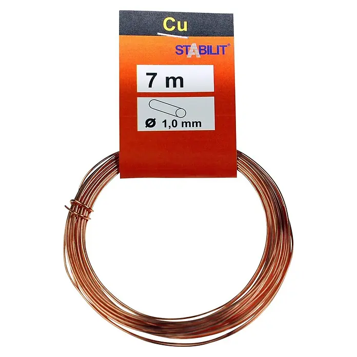 Stabilit Drahtseil - Ø x L: 1 mm x 700 cm, Metall - Nahaufnahme eines 7 m langen Kupferdrahts mit 1,0 mm Durchmesser von Stabilit, ideal für Bastel- und Elektronikprojekte.