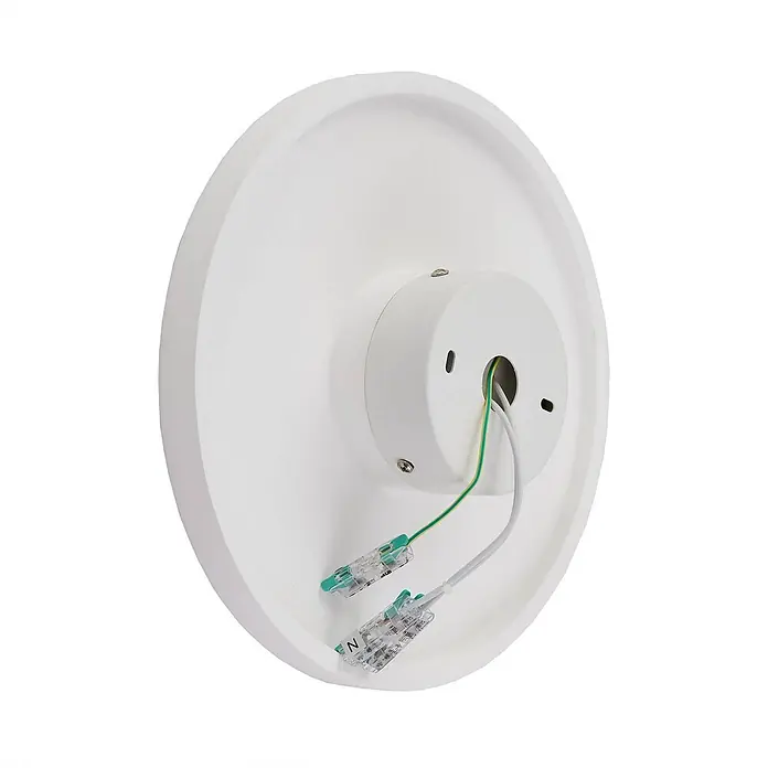 Lindby Wandleuchte Nielson - L x B x H: 28 x 28 x 15,5 cm, weiß / opal, E27 - Rückseite einer weißen, runden LED-Leuchte mit elektrischen Kabeln, die an transparente Steckklemmen angeschlossen sind.