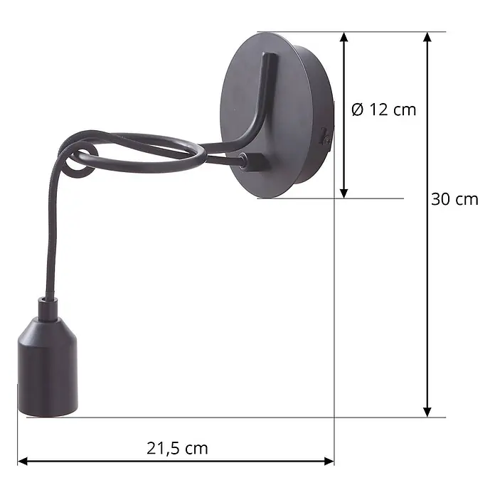 Lindby Wandleuchte Elira - L x B x H: 18,2 x 10 x 10 cm, schwarz, E27 - Schwarze Wandleuchte mit runder Basis, gebogenem Arm und hängendem Kabel mit E27-Fassung.