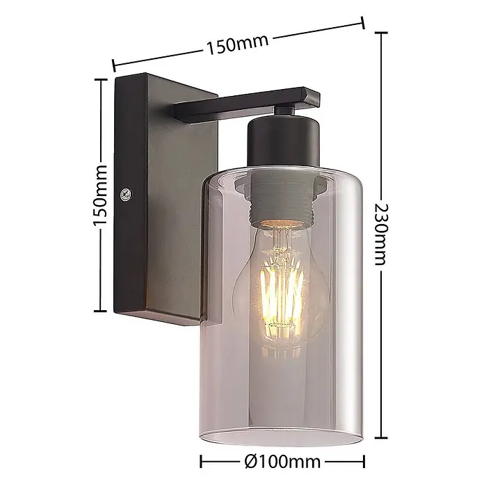 Lindby Wandleuchte Emavi - L x B x H: 15 x 10 x 23 cm, schwarz, schwarz, E27 - Schwarze Metall-Wandleuchte mit klarem zylindrischem Glasschirm. Offene Glühbirne, ideal für stimmungsvolle Beleuchtung.